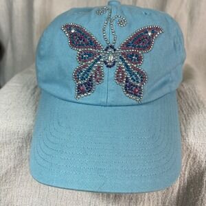 Butterfly Baseball Hat Cap Womens Blue Glitter‎ Adjustable Cotton Fairycore